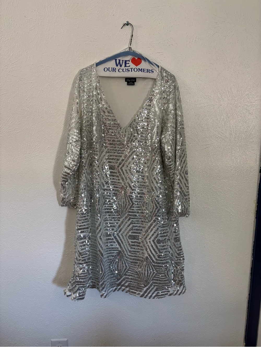 City Chic Silver Sequin Geometric V-Neck Mini Dress